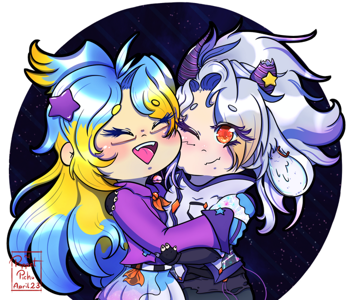 [06.04.2023] Commission art of a client's Vtuber (@Starblaze VT) with her VTuber girlfriend (@GizmoGalaxyGoat) hugging for her birthday. Made on my Samsung Tab S7 with the app MediBang Paint.